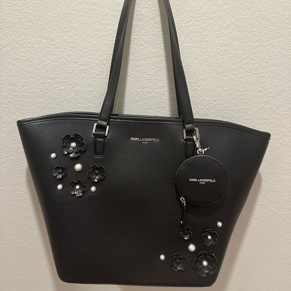 Karl Lagerfeld Paris Black Tote Bag Floral Appliqué Pearl Studs NWT $248